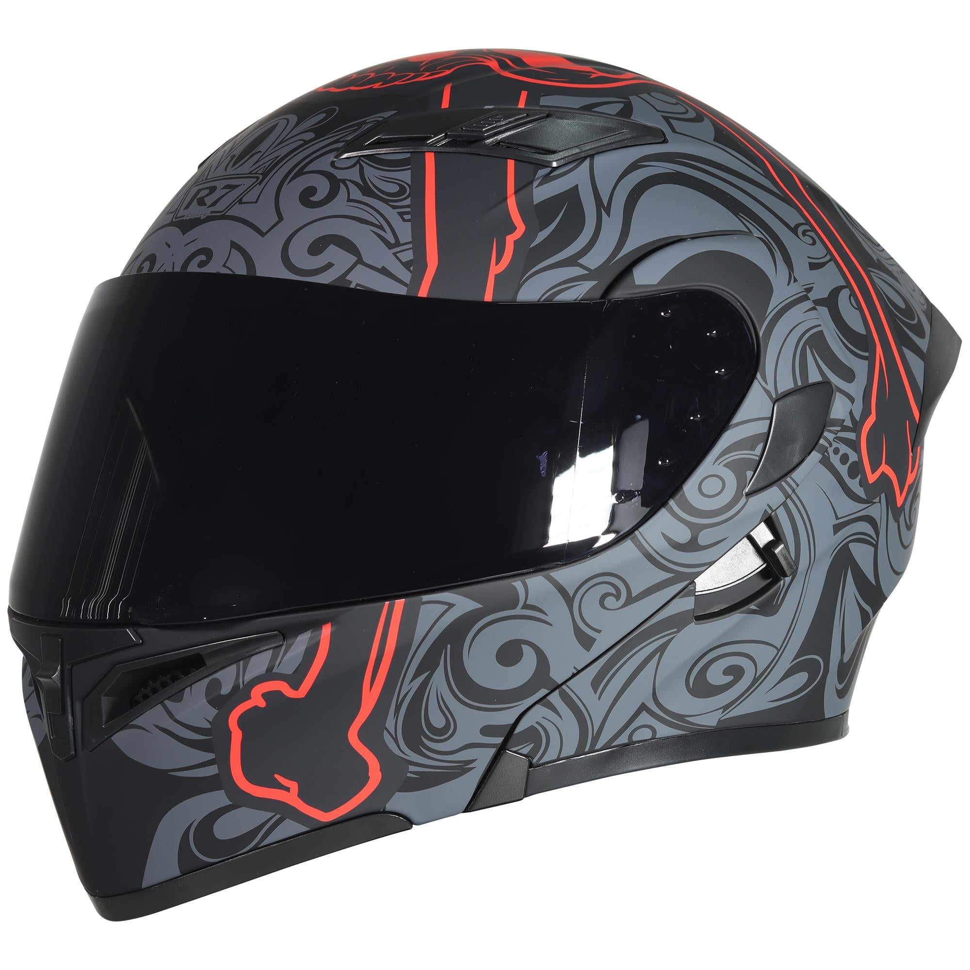 Casco Abatible R7 Racing Unscarred Tribal Skull Con LED Doble Mica