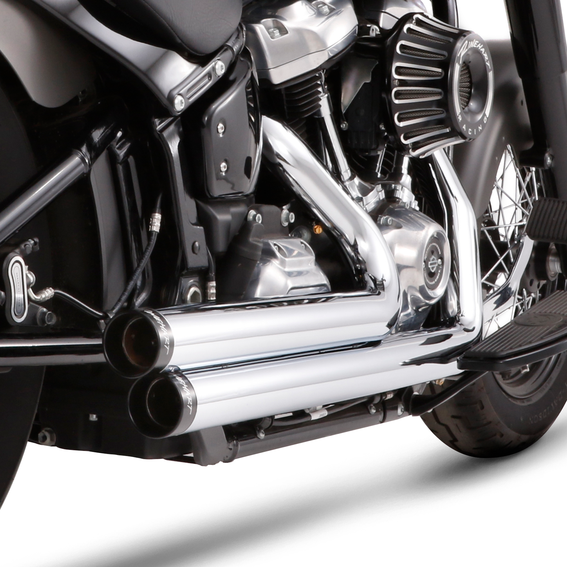 Escape Rinehart Racing 2 Into 2 Cromo para Harley Davidson '18-'24 Softail Fat Boy / Heritage Classic / Deluxe / Slim / Street Bob / Breakout / Standard / Low Rider / Sport Glide / Fat Bob (Sistema Completo)