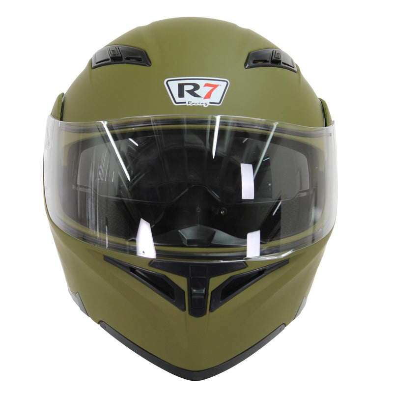 CASCO ABATIBLE R7 RACING UNSCARRED SOLID DOBLE MICA DOT VERDE CAMO MATE